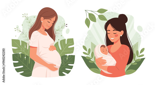 Pregnant woman gently touching belly next to mother holding newborn baby