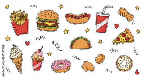 Collection of hand drawn fast food icons and symbols on white background vector art