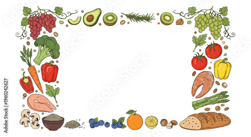 Fresh healthy food border frame with fruits vegetables meat fish and grains