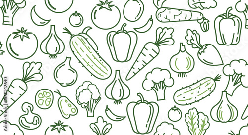 Seamless pattern of hand drawn outline vegetables and fruits on white background
