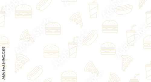 Seamless pattern of fast food icons burgers drinks pizza slices fries tacos