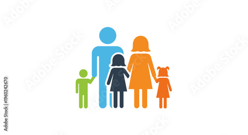 Stylized modern family group illustration with parents and children