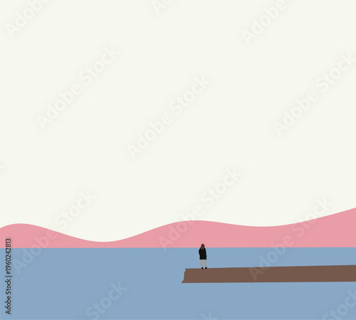 Man enjoying beautiful seascape and pink mountain landscape view during holiday vacation.