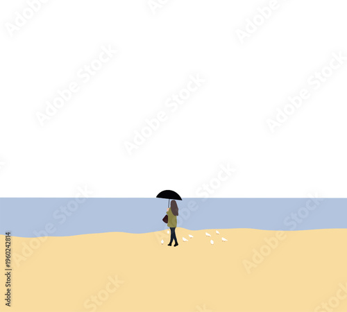 Woman holding black umbrella and feeding white pigeon on the sand beach. Holiday vacation in nature.