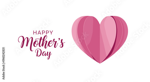 Happy mother's day greeting with pink paper heart design on white background