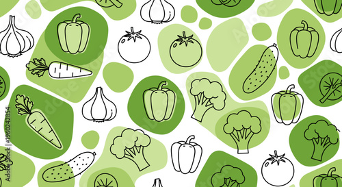Seamless pattern of fresh vegetables hand drawn style on green organic shapes