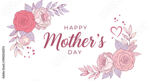 Elegant floral corner accents with happy mother's day text and heart symbol