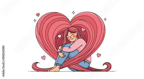 Woman embracing herself within a giant heart shape formed by her long pink hair