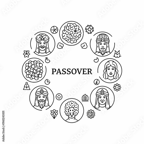 Line art illustration of Passover symbols and people arranged in a circle around the word 'PASSOVER', depicting elements of the Jewish holiday.