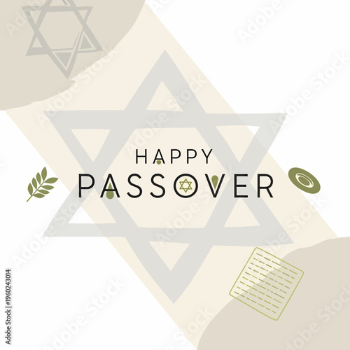 A modern and minimalist Happy Passover greeting card design featuring a large Star of David, religious symbols, and elegant typography on a light background.
