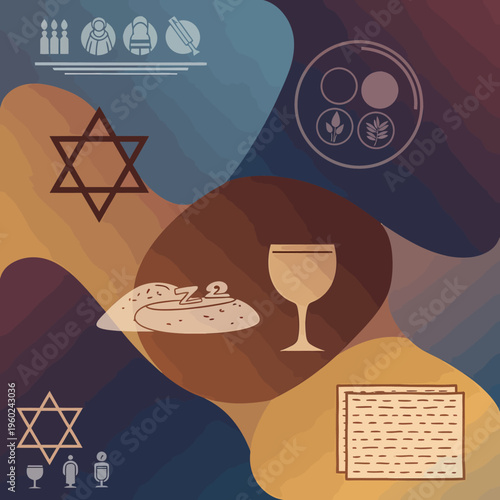 A vibrant abstract background featuring various Jewish Passover symbols including the Star of David, matzah, a kiddush cup, and a Seder plate.