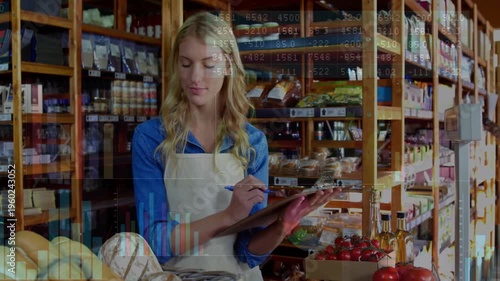 Grocery clerk writing on clipboard at produce counter, updating stock while overlay showing counts