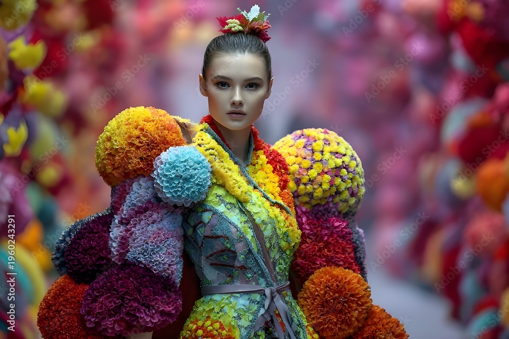 Obraz premium A strange and never-before-seen fashion show with beautiful patterns and colors resembling flowers, strange