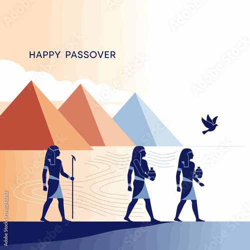 Happy Passover greeting card with ancient Egyptian figures walking away from pyramids, symbolizing the Exodus from Egypt.