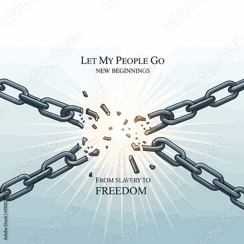 Illustration of a strong metal chain breaking apart with a bright light, symbolizing freedom, new beginnings, and liberation from slavery.