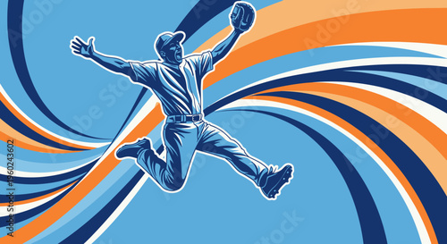 A baseball team celebrating a victory on the field with high-fives and colorful streaks in the background, depicting teamwork and success.