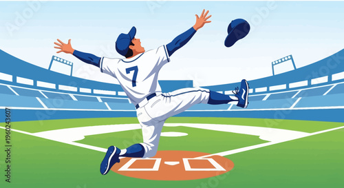 An illustration of a baseball player sliding into a base on a green field in a large stadium with blue seats, with his hat flying off.