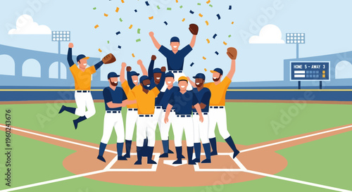 A diverse baseball team celebrates victory on the field with confetti falling and a stadium in the background.