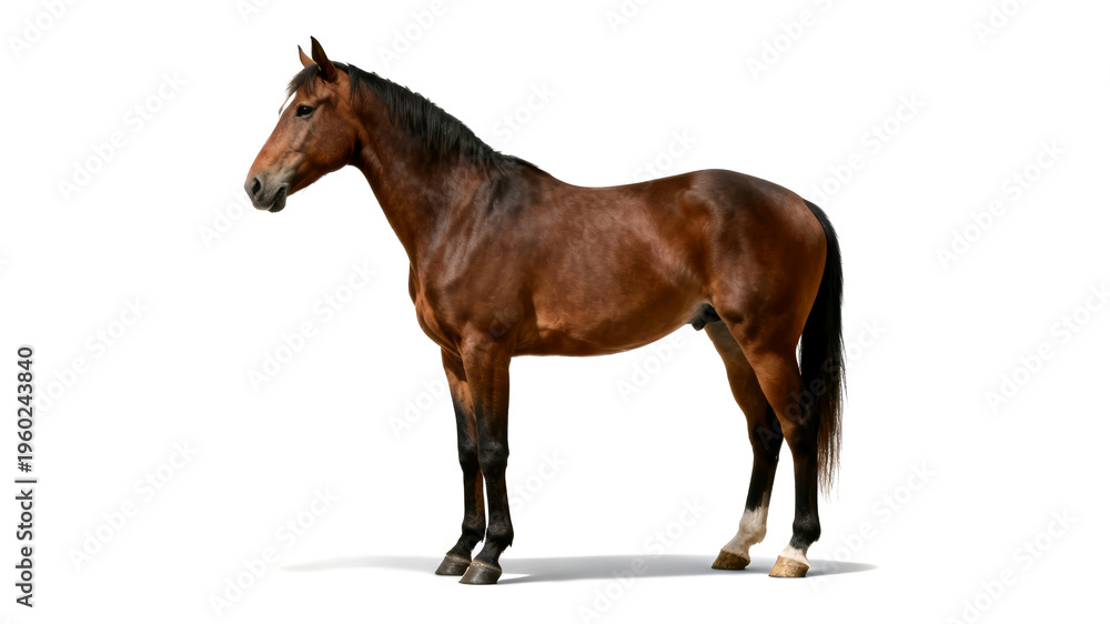 Obraz premium Side view of a beautiful brown horse standing isolated on white background. Full body profile of a bay stallion.