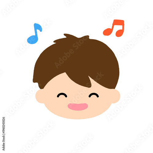 音楽を楽しむ笑顔の男の子の顔アイコン｜歌う子供のかわいいイラスト・シンプルで楽しい表情素材