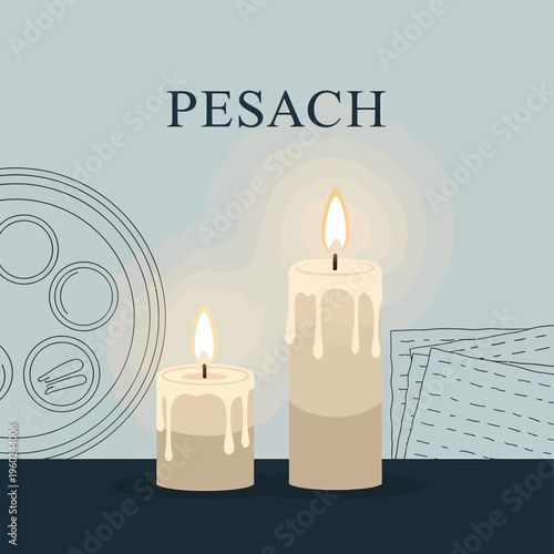 A vector illustration depicting the Jewish holiday of Pesach with lit candles, a Seder plate outline, and matzah, set against a light blue background.