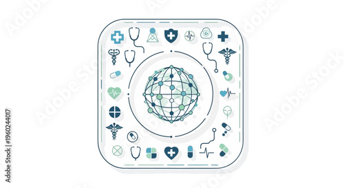 Vector illustration of a globe surrounded by medical symbols and icons for World Health Day social media design and celebration template