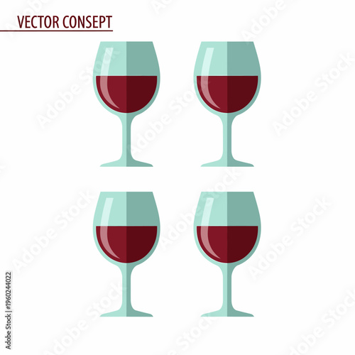 Four flat design vector wine glasses filled with red wine, isolated on a white background, representing a drink concept.
