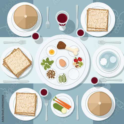 Overhead view of a traditional Passover Seder table set with matzah, wine, and a Seder plate featuring symbolic foods in a flat design illustration.