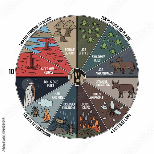 A detailed circular diagram illustrating the Ten Plagues of Egypt, showing each plague with unique icons and descriptions, from water to blood to the death of the firstborn.