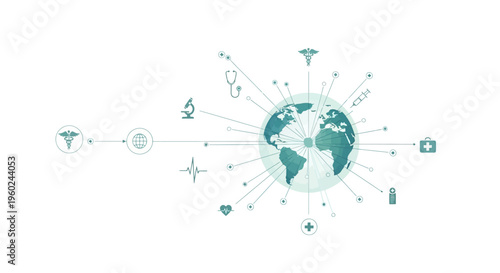 A teal-colored illustration of the Earth surrounded by various health-related icons and symbols on a white background, representing World Health Day