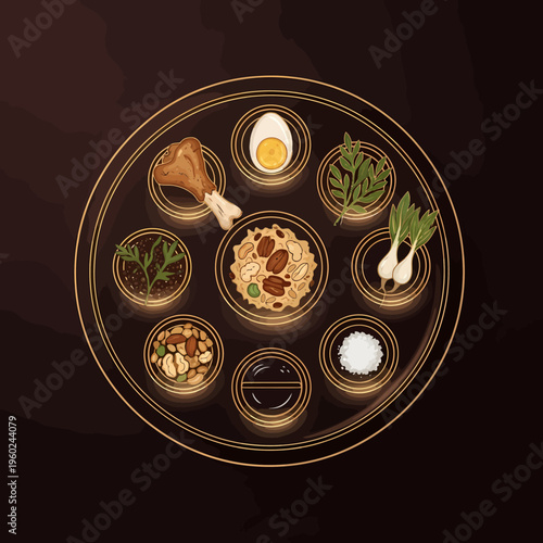 An intricately illustrated Passover Seder plate featuring traditional symbolic foods like lamb shank, egg, bitter herbs, and charoset, set against a dark background with golden outlines.