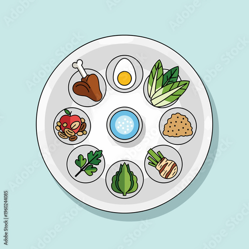 A traditional Passover Seder plate with symbolic foods like shank bone, egg, bitter herbs, charoset, karpas, and salt water, on a light blue background.