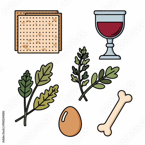 Illustration of a Passover Seder plate with matzah, wine, bitter herbs, karpas, shank bone, and egg, representing Jewish holiday traditions.