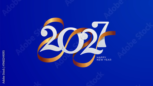 2027 New Year celebration with flowing gold ribbon on a deep blue background symbolizing prosperity and good fortune for the upcoming year