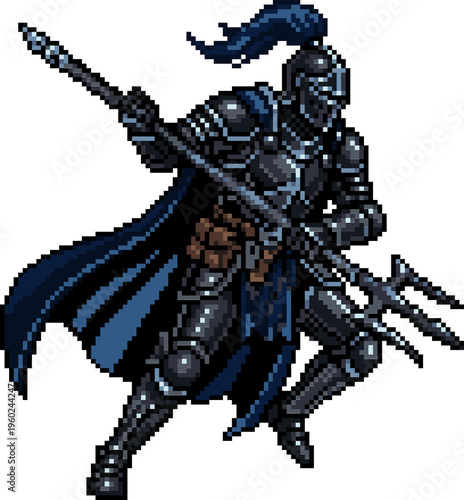 Fotografie Dark knight warrior holding trident spear pixel art character