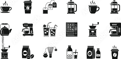 Comprehensive collection of coffee and tea icons featuring espresso machines, french press, grinders, tea bags, and takeout cups for cafe branding and beverage menu design.