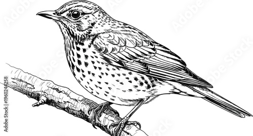 Detailed black and white vector line art illustration of a songbird with spotted plumage perched on a textured tree branch isolated on white background.