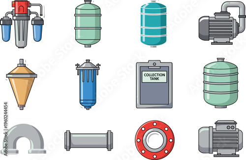 Industrial water treatment and filtration system vector icon set featuring pumps pressure tanks filter housings pipes and valves isolated on white background for engineering