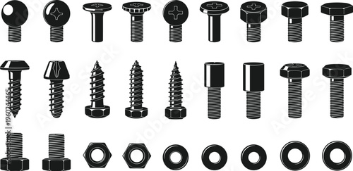 Industrial fastener vector icon set featuring steel screws bolts nuts and washers with various head types isolated on white background for hardware construction