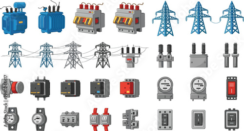 Large collection of electrical power infrastructure vector icons featuring transformers high voltage towers circuit breakers meters and switches isolated on a white background.
