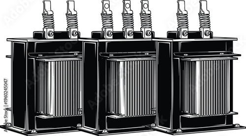 Vector illustration of three industrial high voltage electrical power transformers with cooling fins and ceramic insulators in a row against a white background.