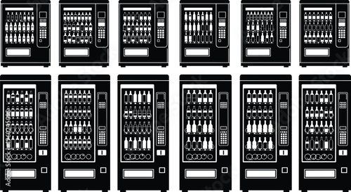 Vending machine silhouette vector icon set featuring automatic beverage dispensers with rows of bottles isolated on white background for commercial graphic design use