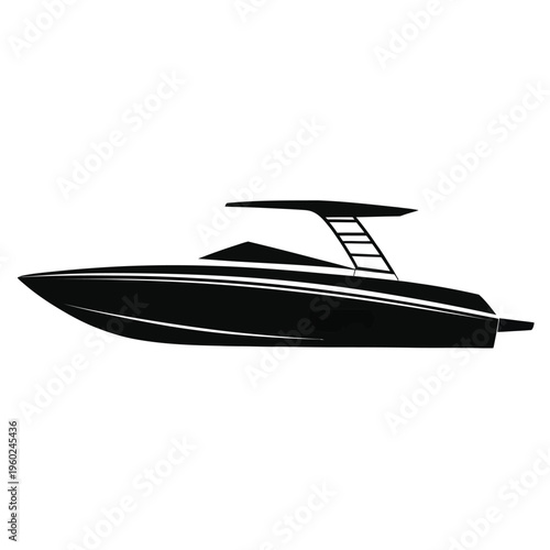 A sleek black silhouette of a modern speedboat on white background