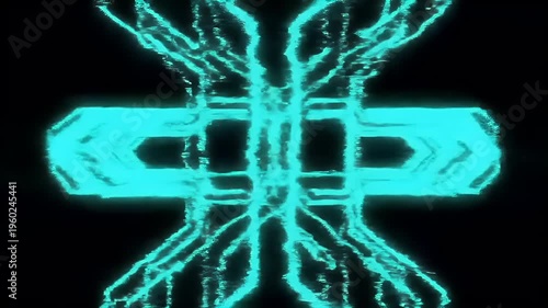 Glowing blue circuit board design against a dark background with technology and science elements