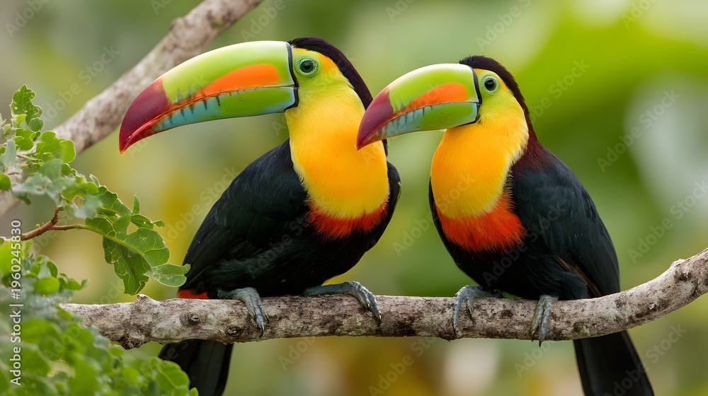 Fototapeta premium Two Colorful Toucans Perched on a Branch in a Lush Rainforest.