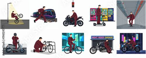 Illustrated Man Commuting with Various Urban Transportation Methods in Flat Style