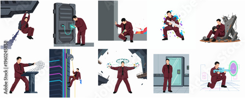 Stylized Detailed Spy Character Actions and Poses Set Illustration