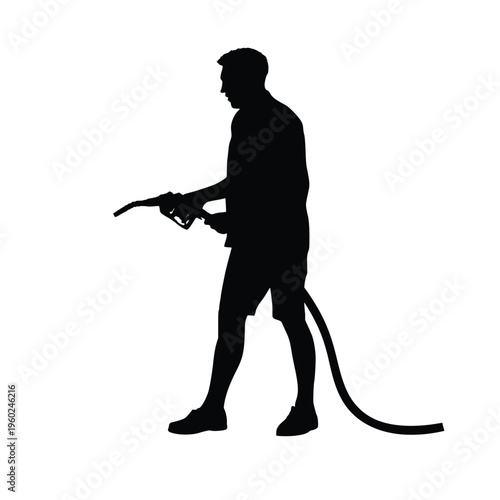 Silhouette of a man standing and holding a gas pump fuel nozzle hose at a petrol station, professional worker or driver refueling vehicle isolated