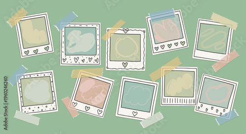 Retro pastel photo frames with textured paper and soft green aesthetic background
