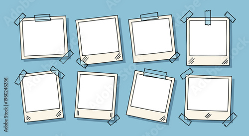 Minimal white polaroid frames arranged neatly on bright blue solid background